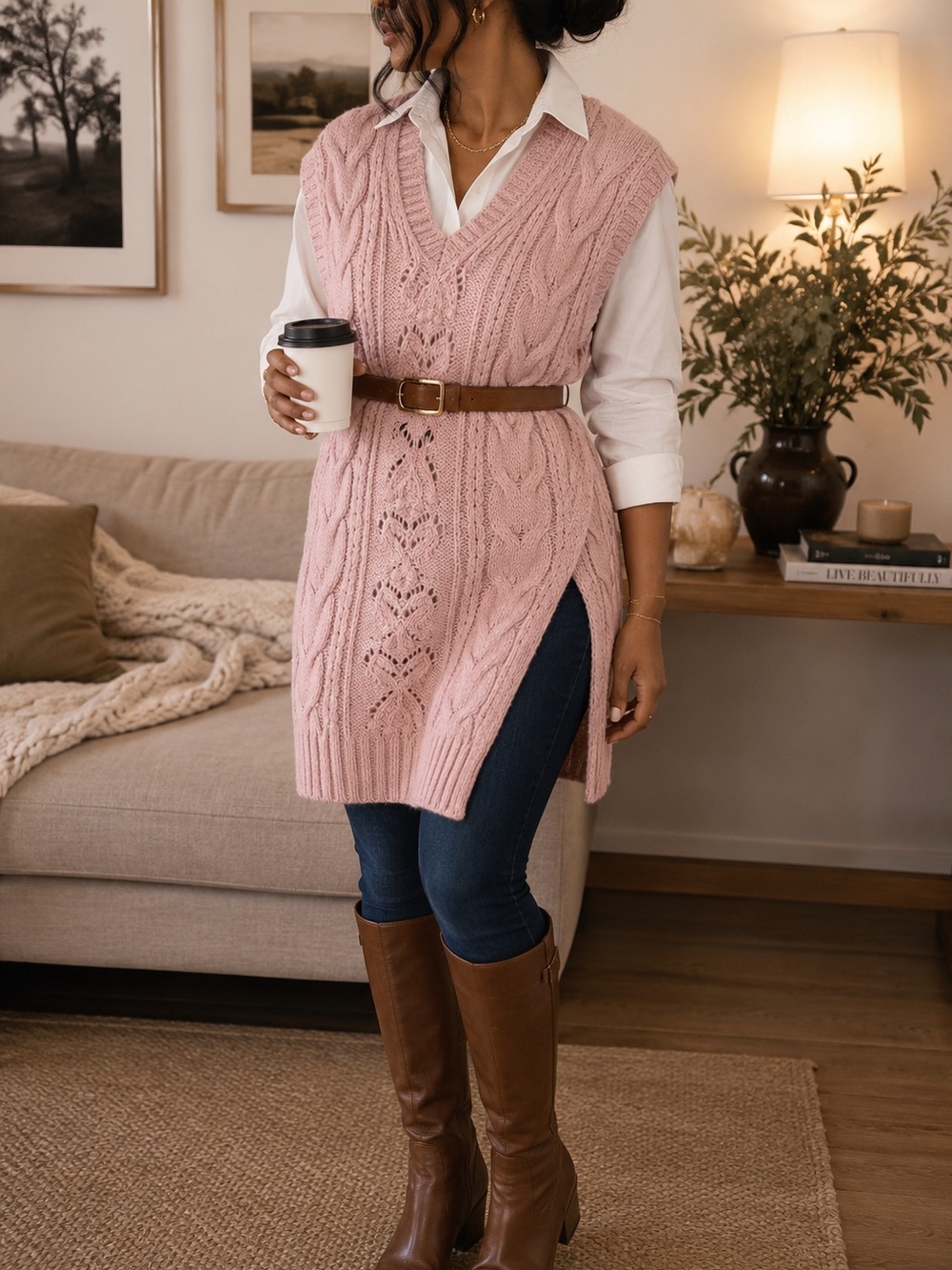 Zara Blush Pink Cable-Knit V-Neck Sweater Vest